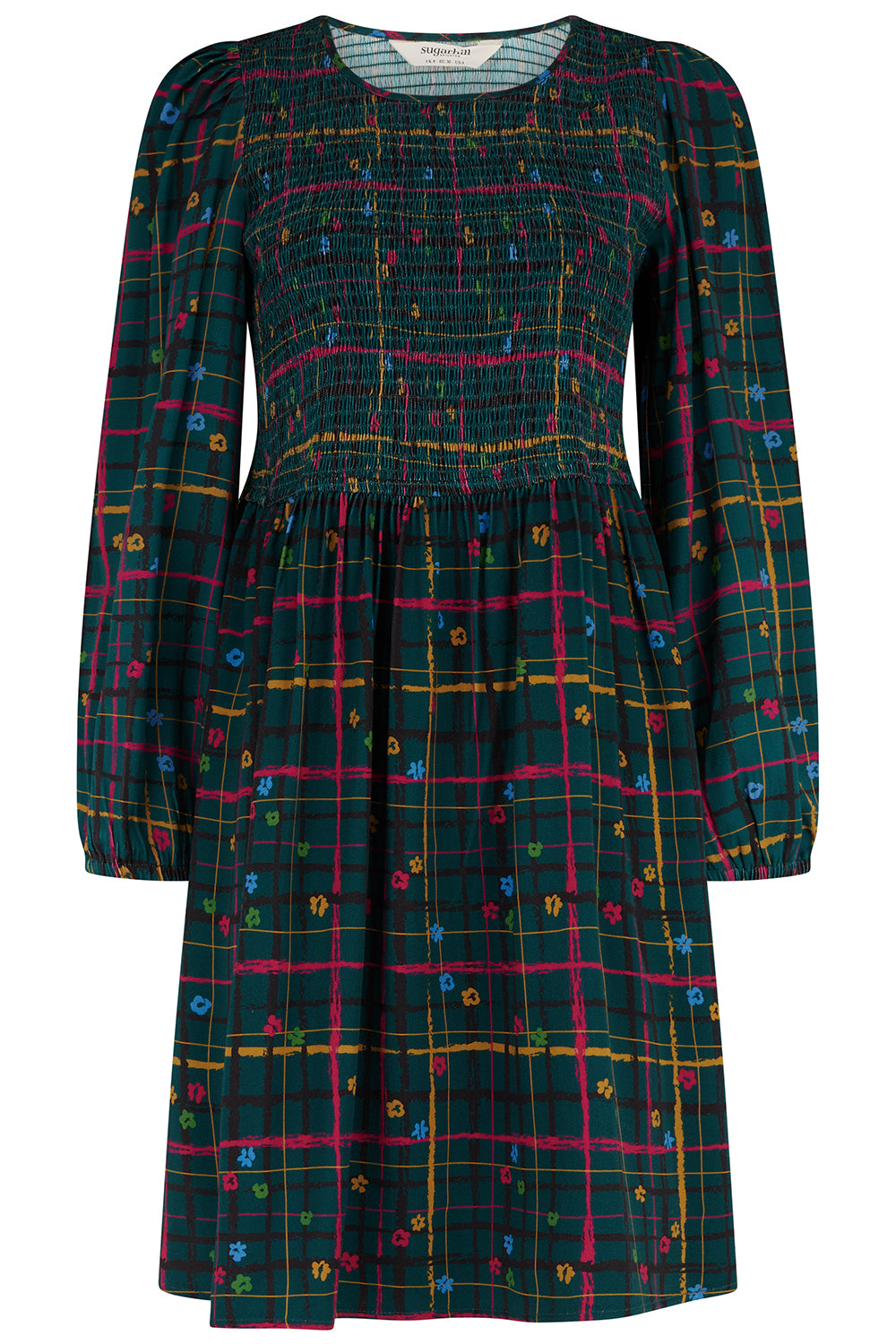 Lucy Mini Shirred Dress - Teal Green, Doodle Check