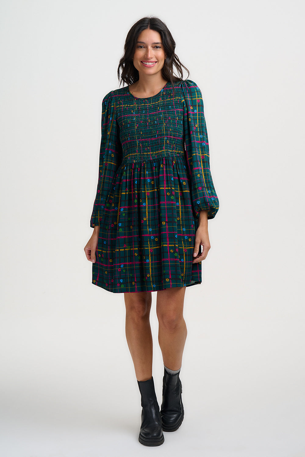 Lucy Mini Shirred Dress - Teal Green, Doodle Check