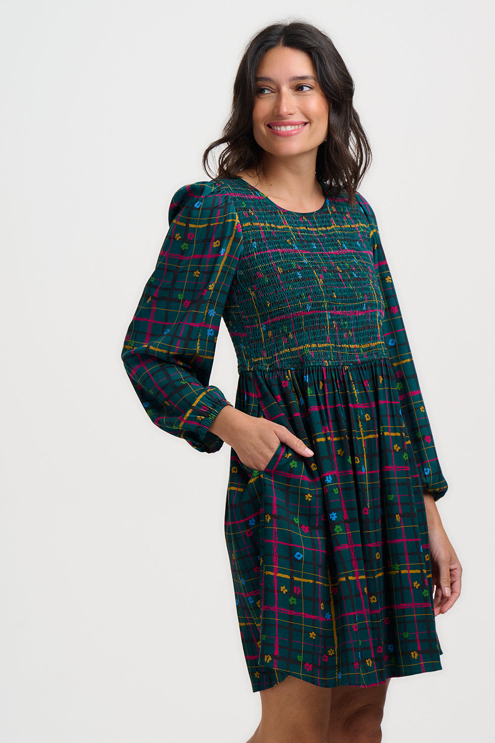 Lucy Mini Shirred Dress - Teal Green, Doodle Check