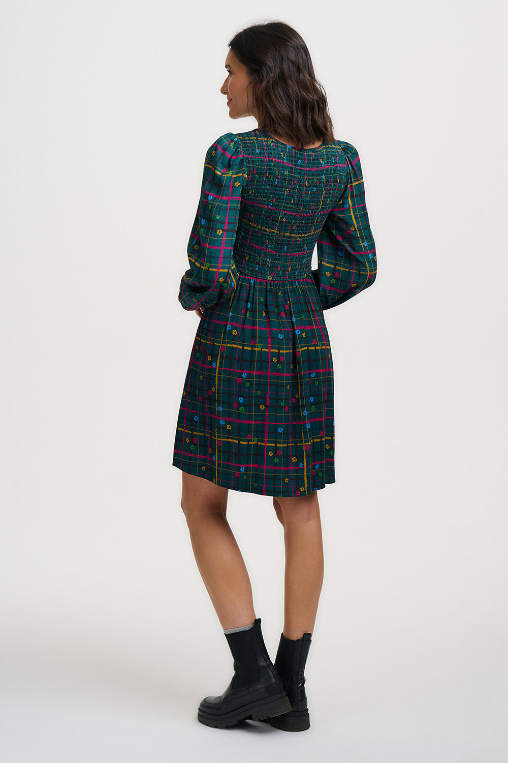 Lucy Mini Shirred Dress - Teal Green, Doodle Check