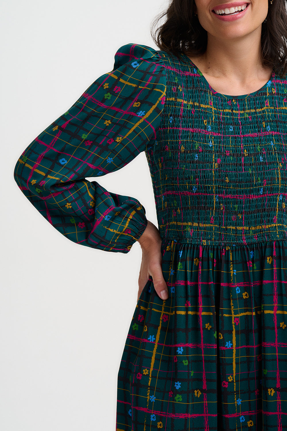 Lucy Mini Shirred Dress - Teal Green, Doodle Check