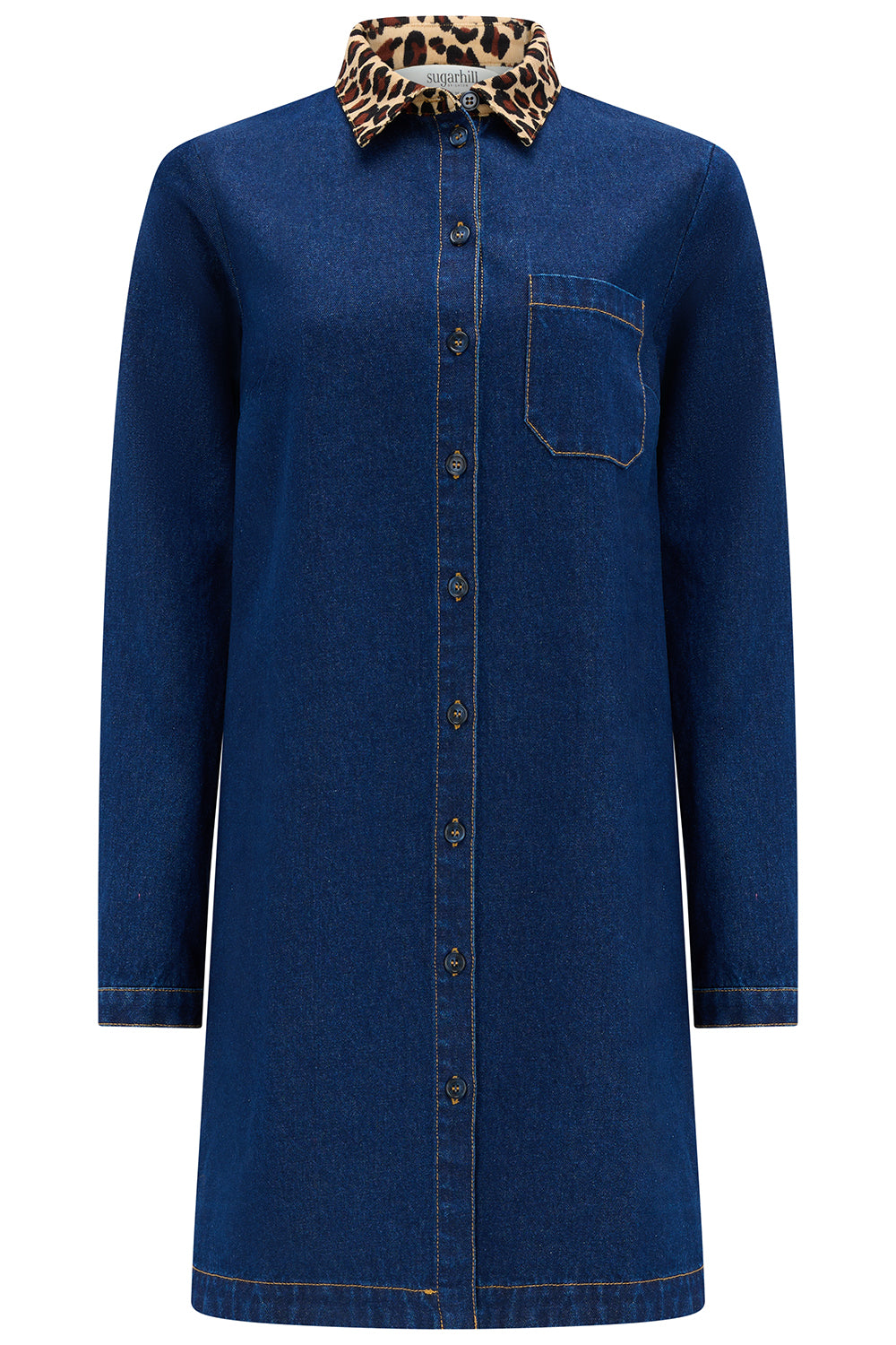 Isla Mini Denim Shirt Dress - Indigo Denim Leopard Collar