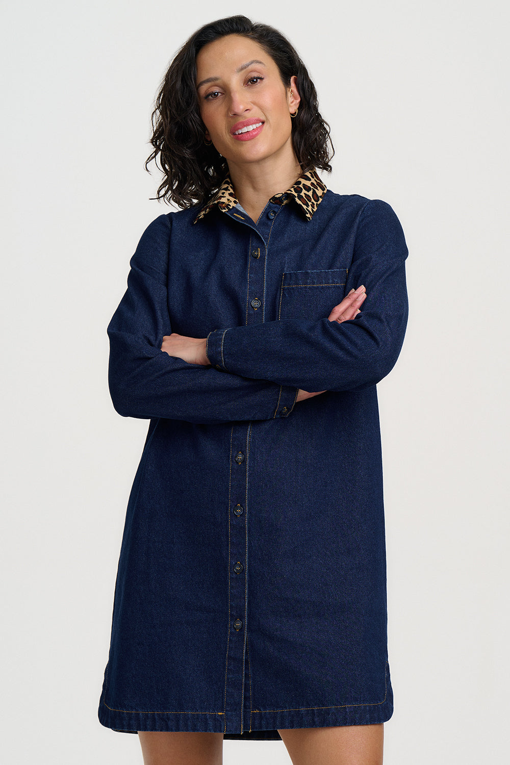 Isla Mini Denim Shirt Dress - Indigo Denim Leopard Collar