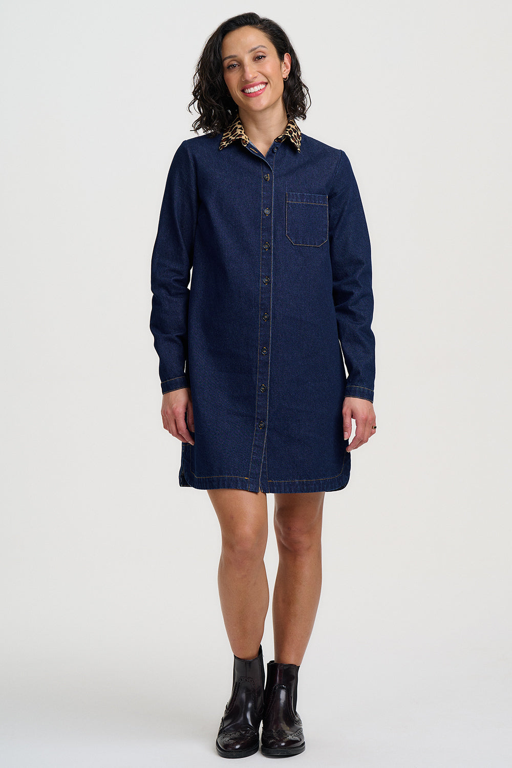 Isla Mini Denim Shirt Dress - Indigo Denim Leopard Collar