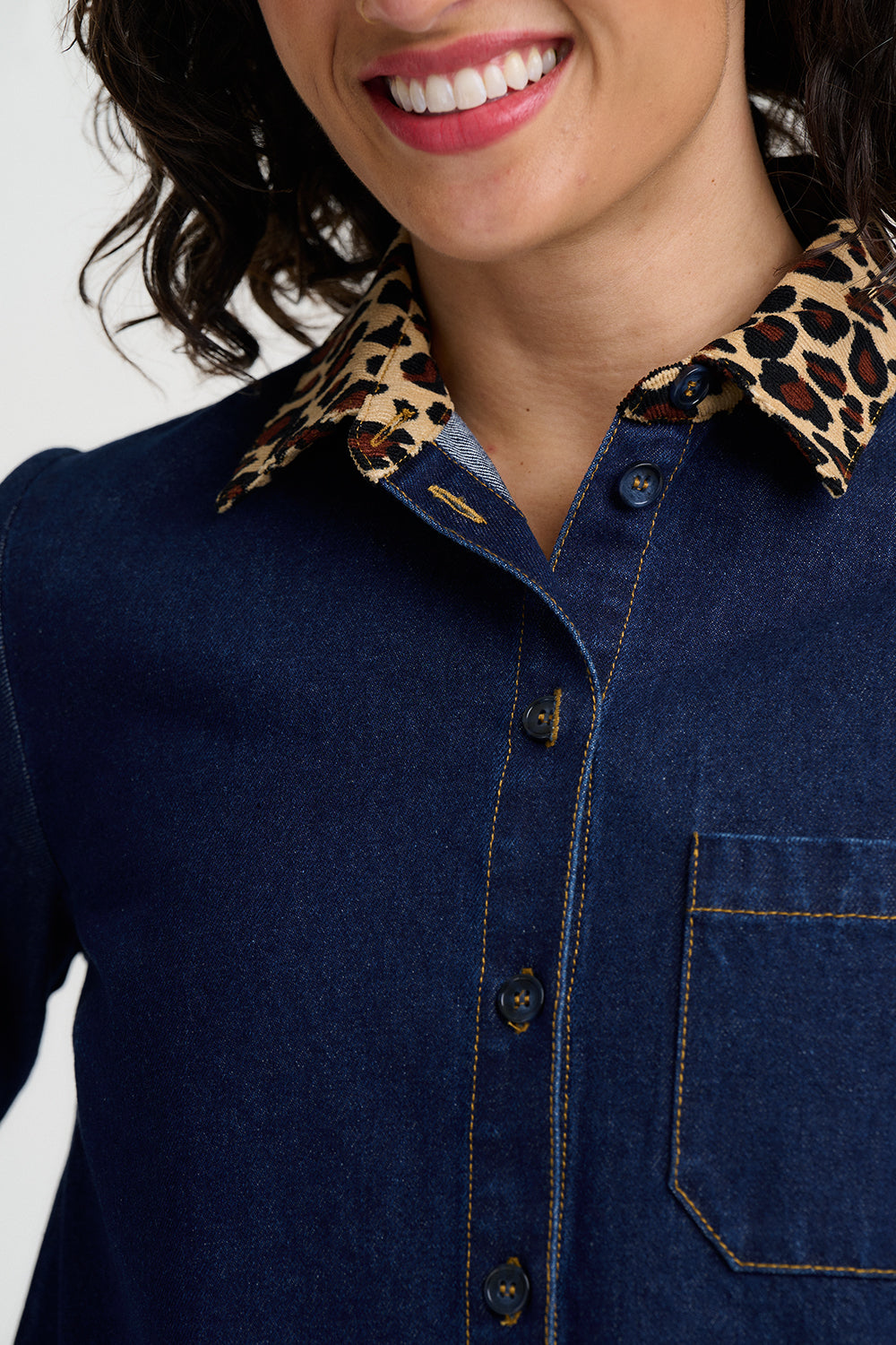 Isla Mini Denim Shirt Dress - Indigo Denim Leopard Collar