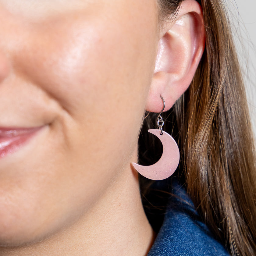 Cresent Moon Drop Earrings - Pink