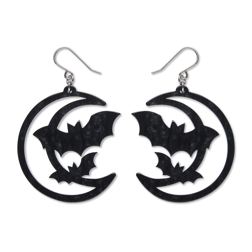Moon & Bats Drop Earrings - Black
