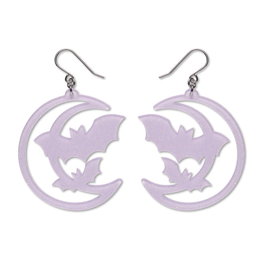 Moon & Bats Drop Earrings - Purple
