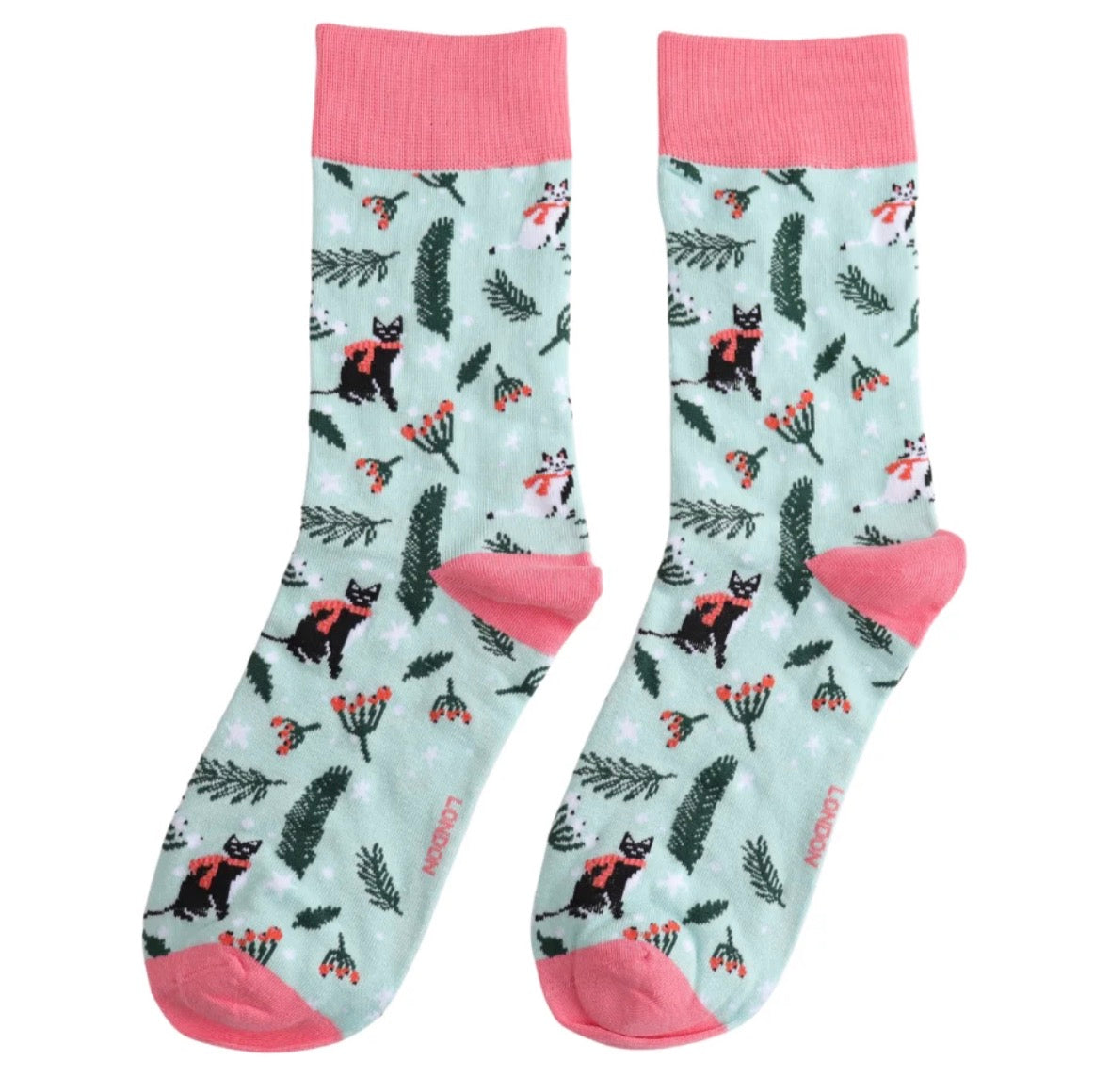 Winter Cats Cotton Socks Aqua