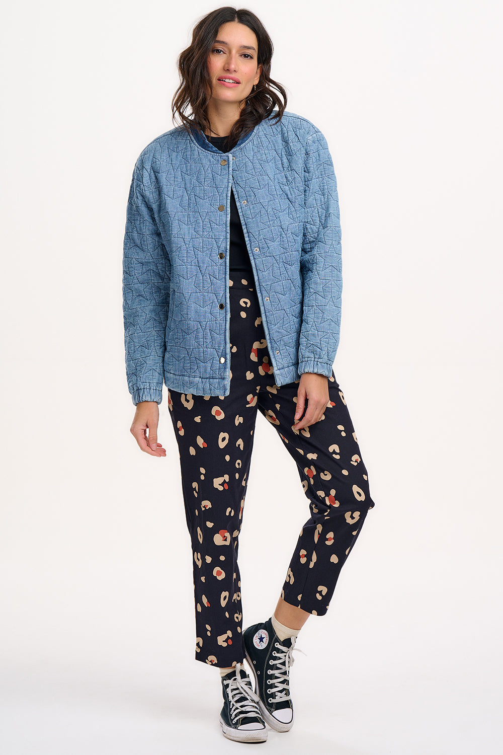 Kinga Quilted Bomber Jacket - Light Blue Denim, Star Quilt