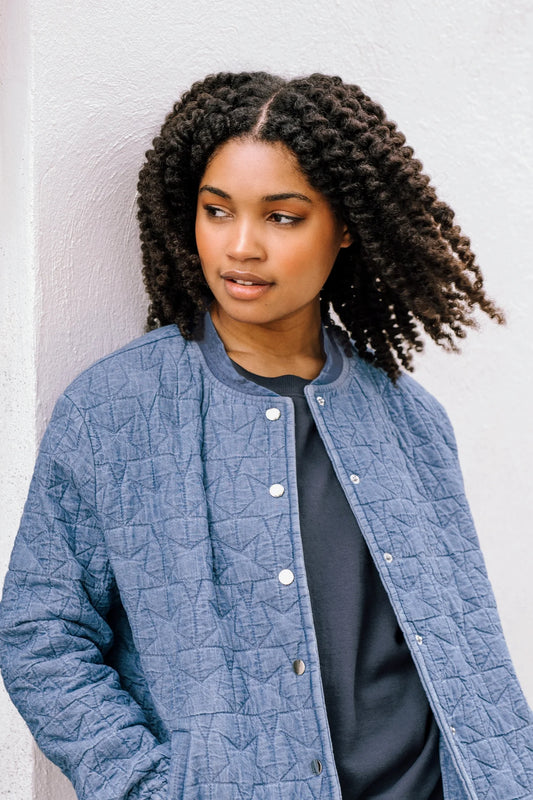 Kinga Quilted Bomber Jacket - Light Blue Denim, Star Quilt