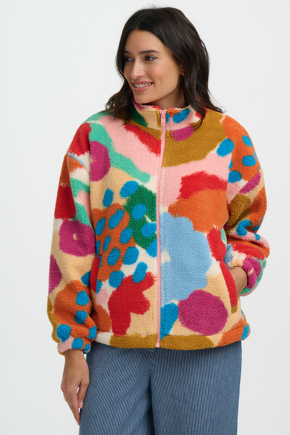 Hartley Zip Up Fleece - Off White/Multi, Abstract Floral