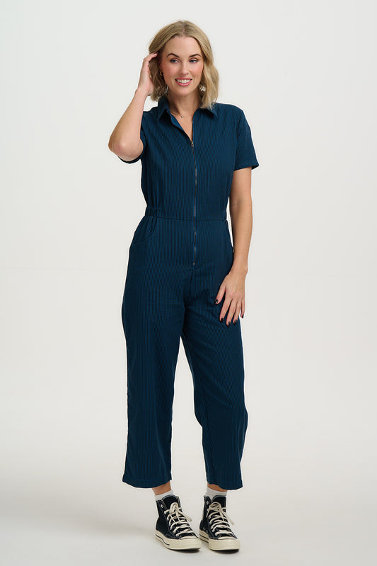 Cora Cropped Jumpsuit - Black/Teal, Thin Stripe