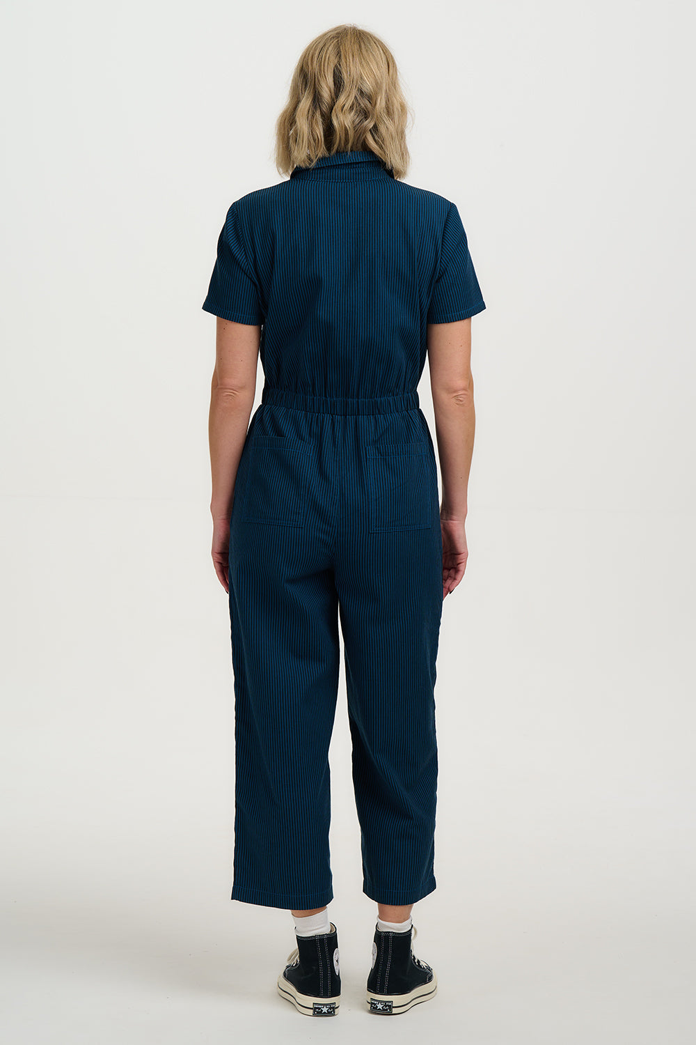 Cora Cropped Jumpsuit - Black/Teal, Thin Stripe