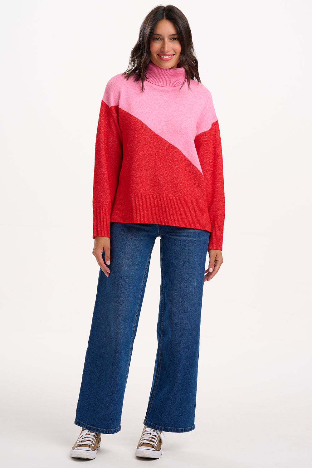 Winona Roll-Neck Jumper - Pink/Red, Colour Block