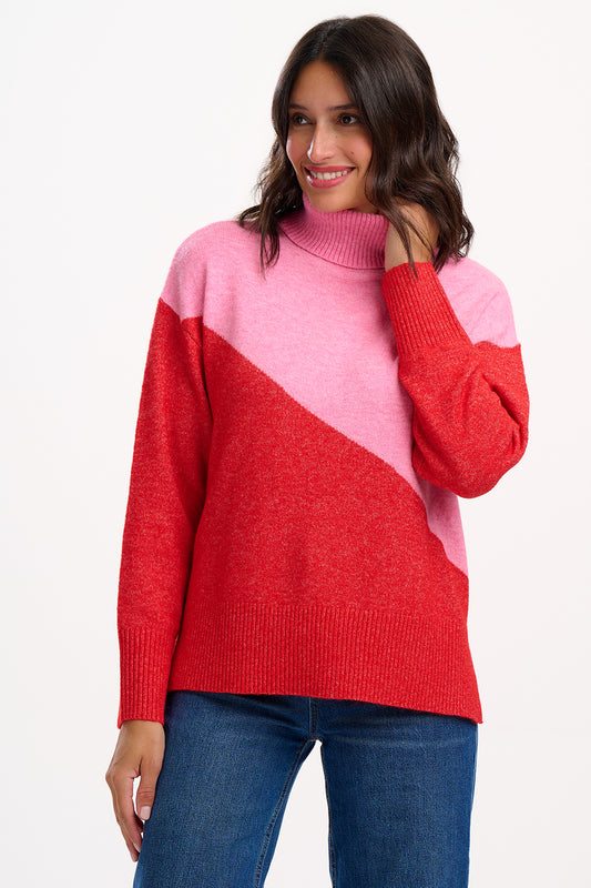 Winona Roll-Neck Jumper - Pink/Red, Colour Block