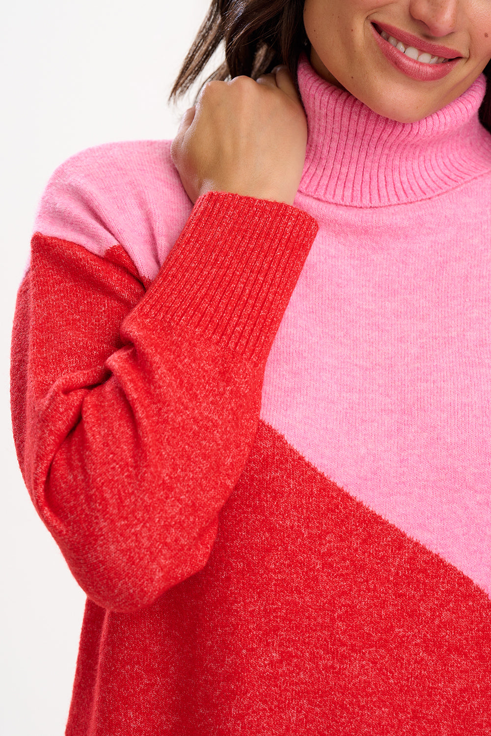 Winona Roll-Neck Jumper - Pink/Red, Colour Block