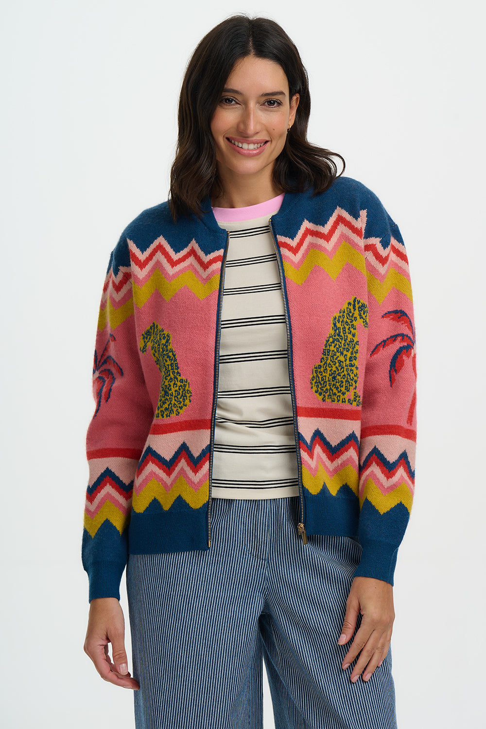 Solana Knitted Bomber - Multi, Leopard And Palms