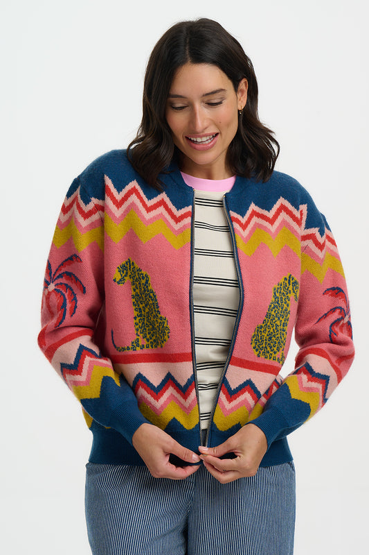 Solana Knitted Bomber - Multi, Leopard And Palms