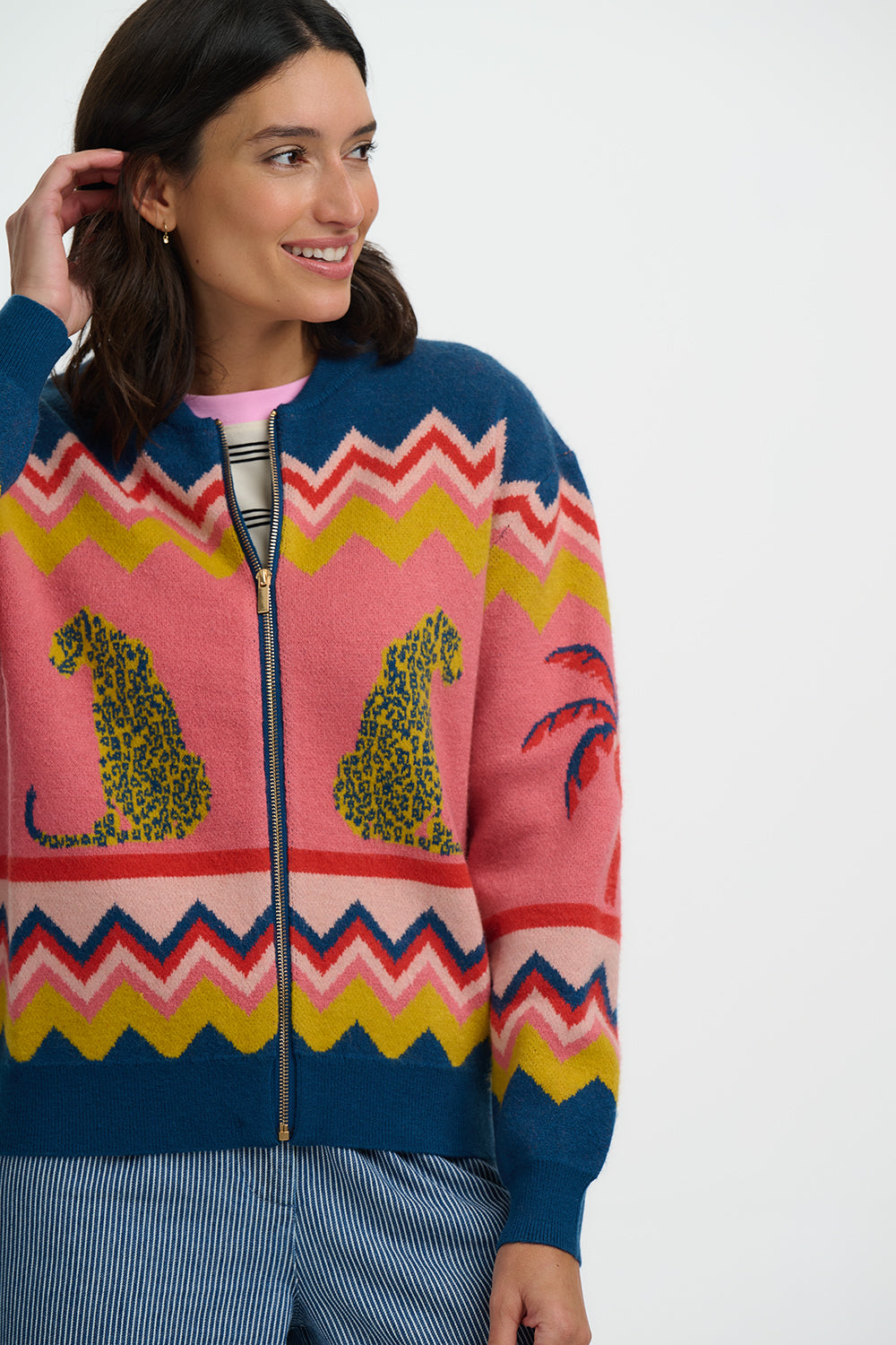 Solana Knitted Bomber - Multi, Leopard And Palms