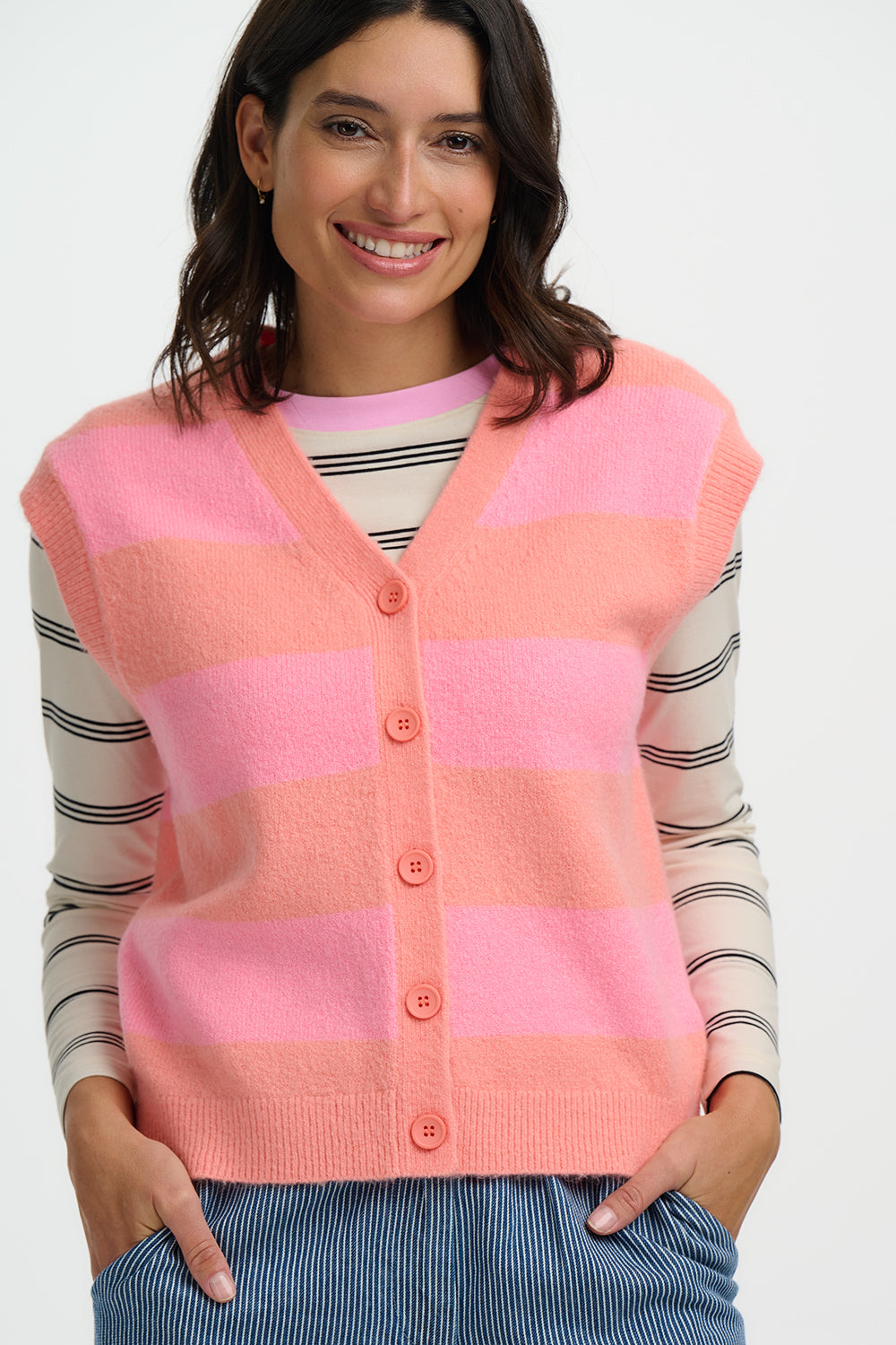 Amber Knit Vest - Peack/Pink Pastel Stripe