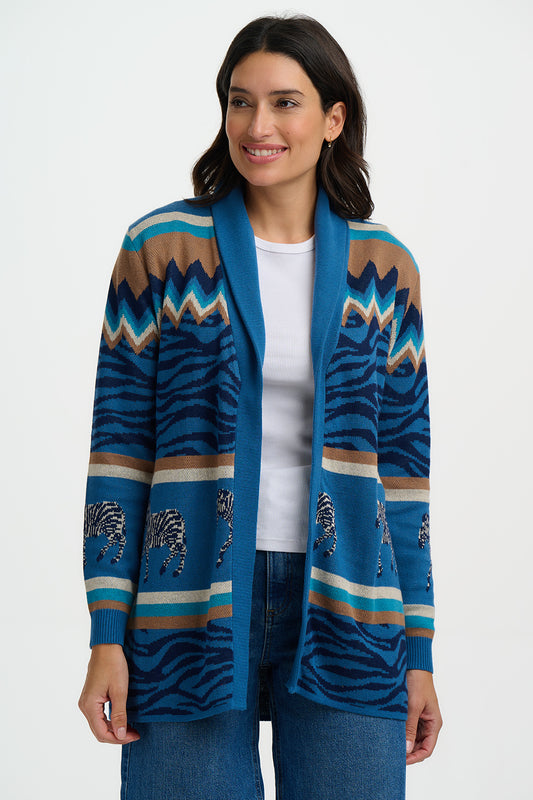 Saira Belted Cardigan - Blue, Desert Zebra