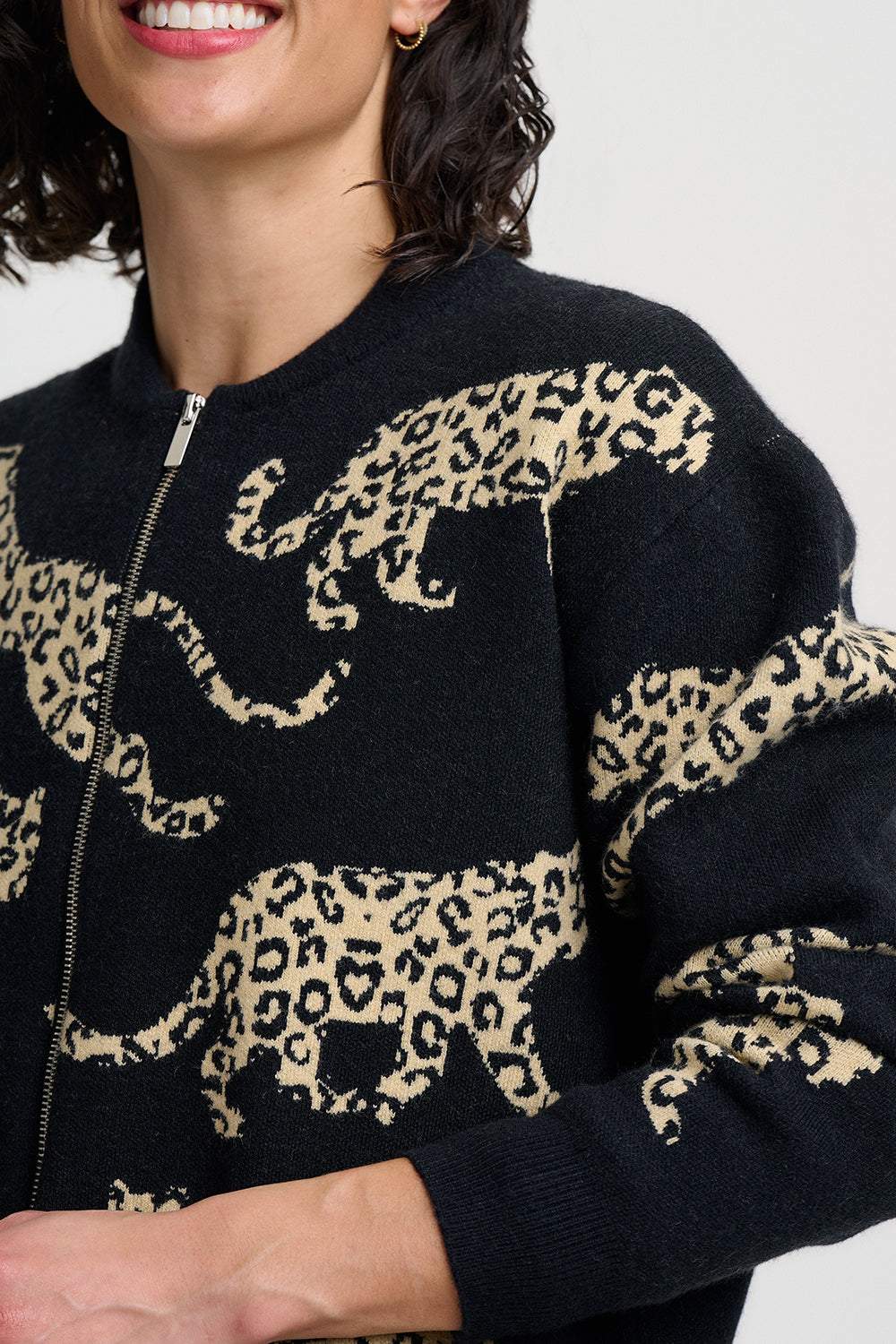 Solana Knitted Bomber Jacket - Monochrome Leopards