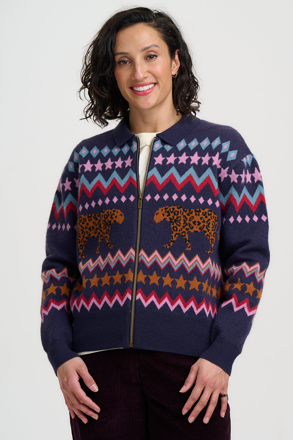 Katlin Knitted Bomber Jacket - Navy, Walking Leopards