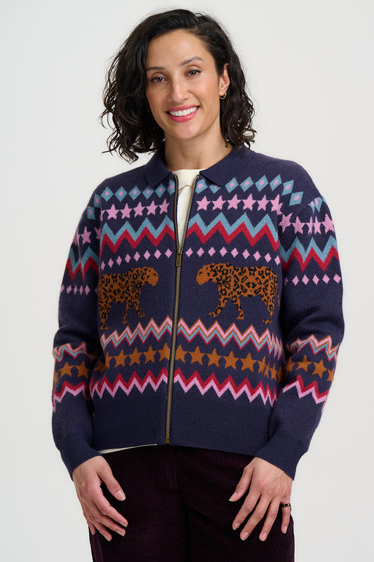 Katlin Knitted Bomber Jacket - Navy, Walking Leopards