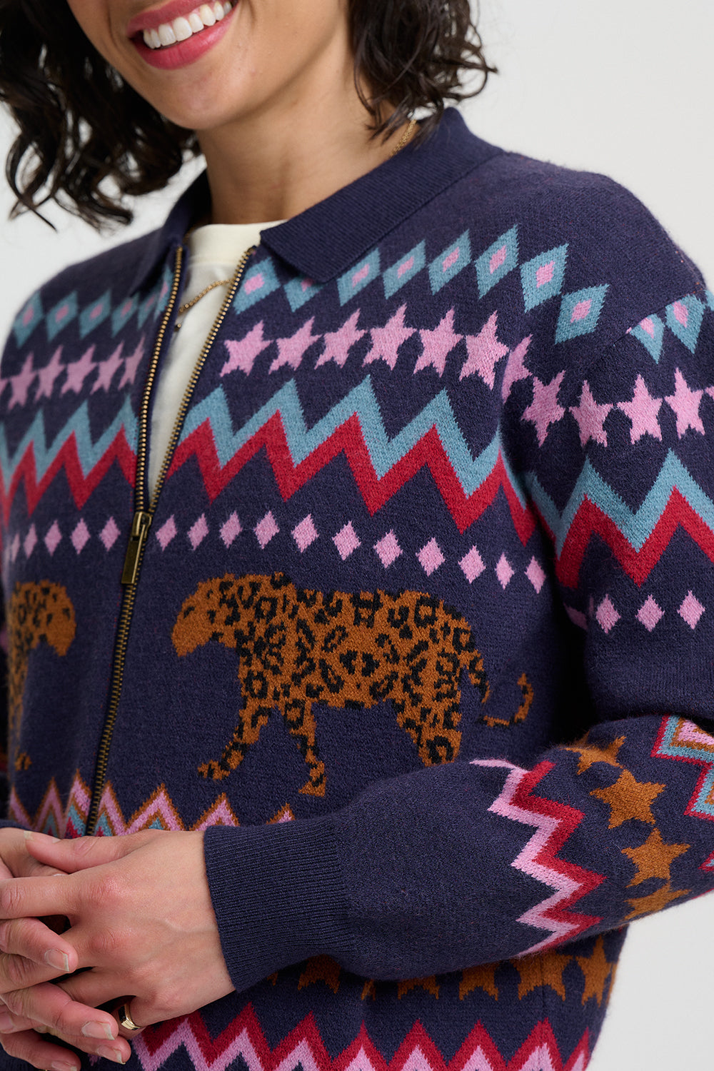 Katlin Knitted Bomber Jacket - Navy, Walking Leopards