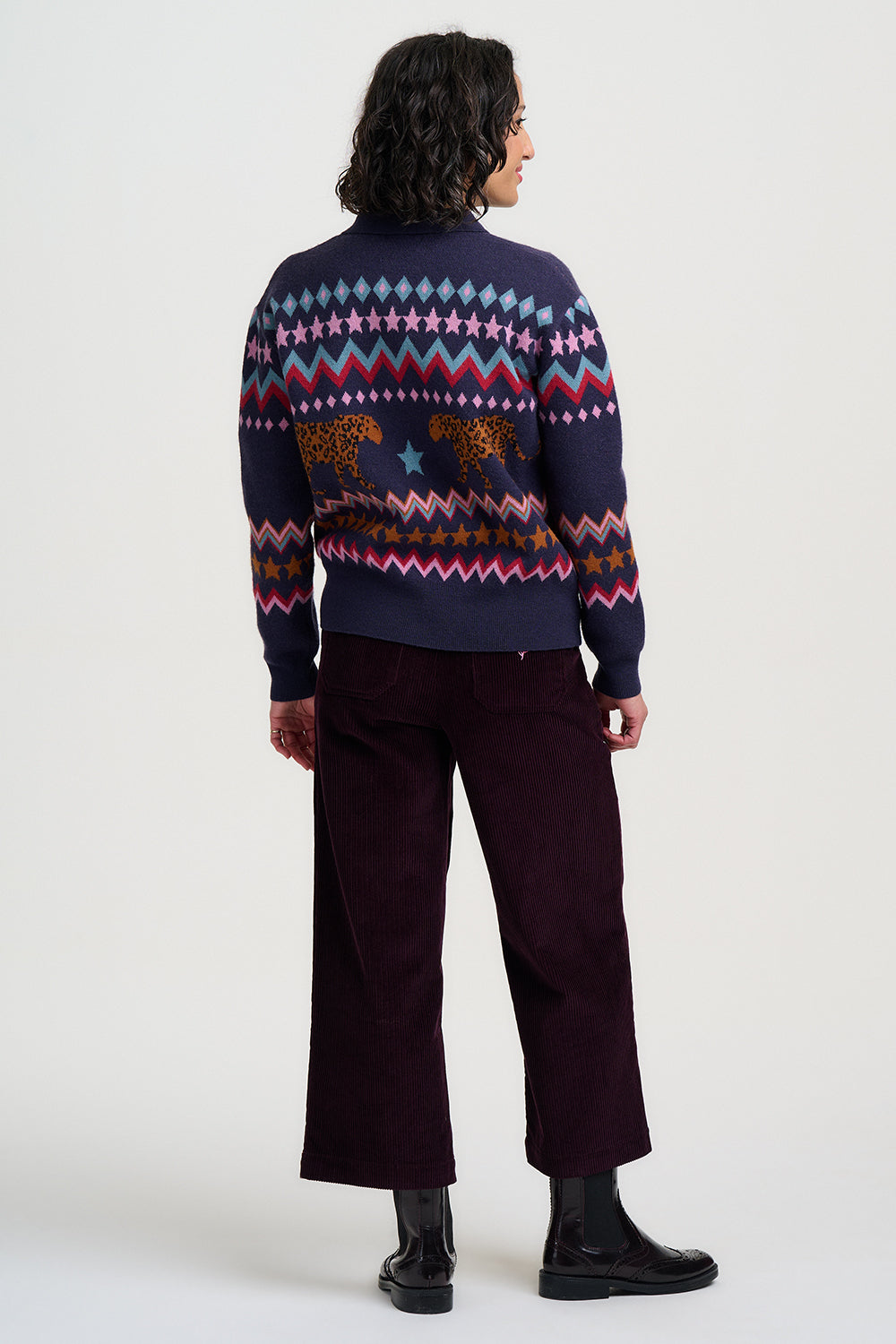 Katlin Knitted Bomber Jacket - Navy, Walking Leopards
