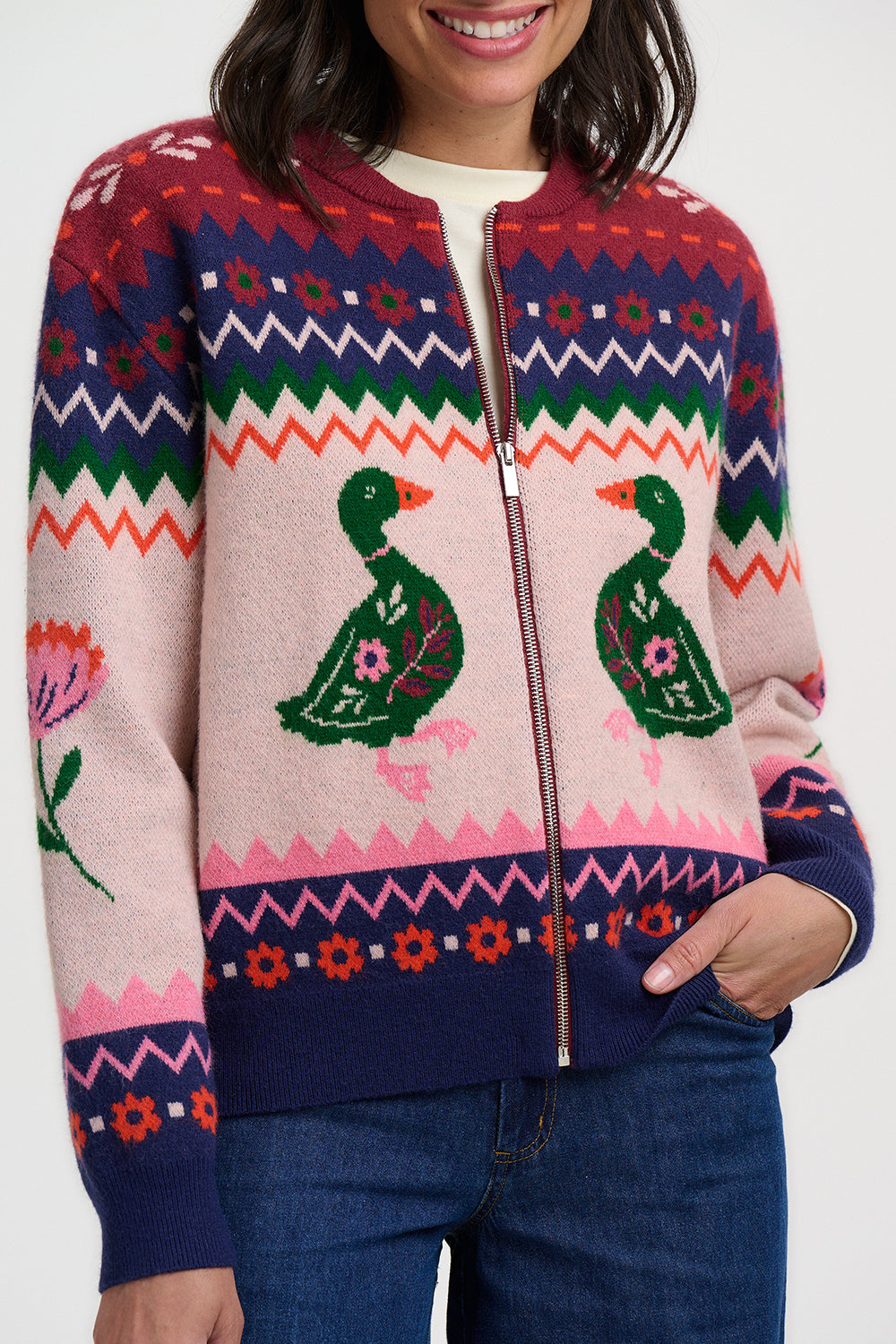 Solana Knitted Bomber Jacket - Navy Ducks
