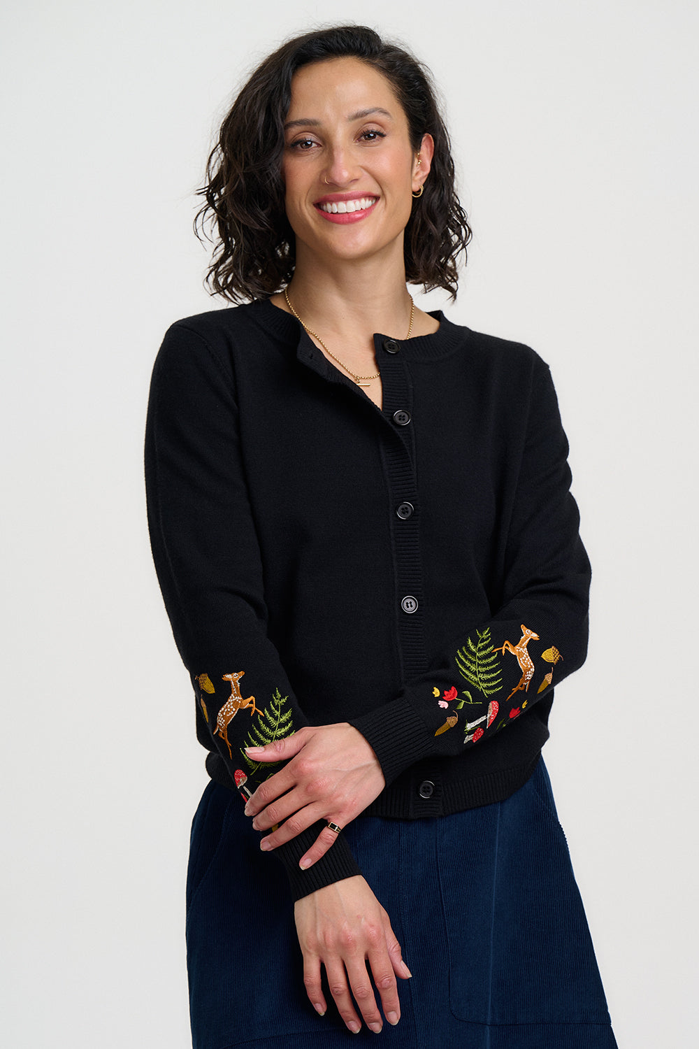 Kamila Cardigan - Black, Woodland Embroidery