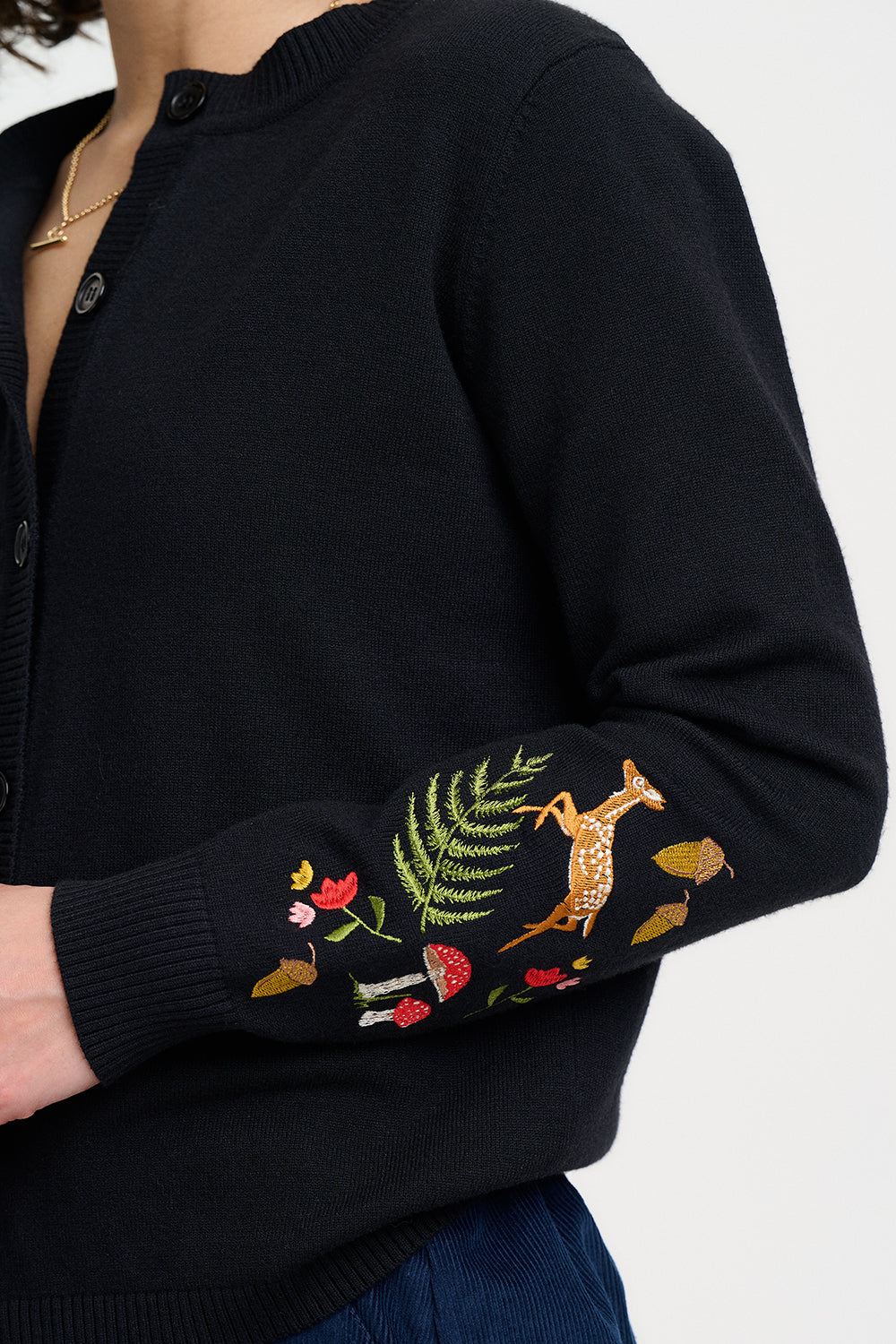 Kamila Cardigan - Black, Woodland Embroidery