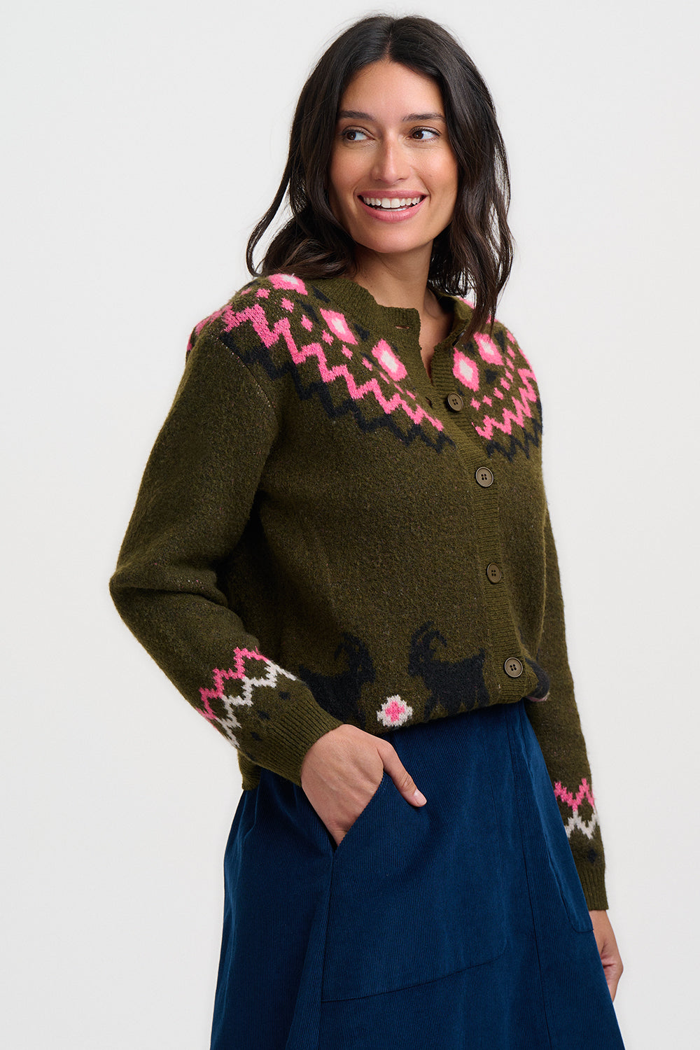 Olana Cardigan - Olive, Goat Meadow Fairisle
