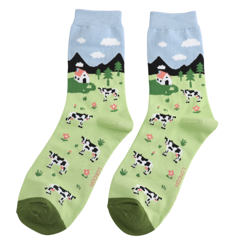 Cows in the Field Bamboo Socks Sky