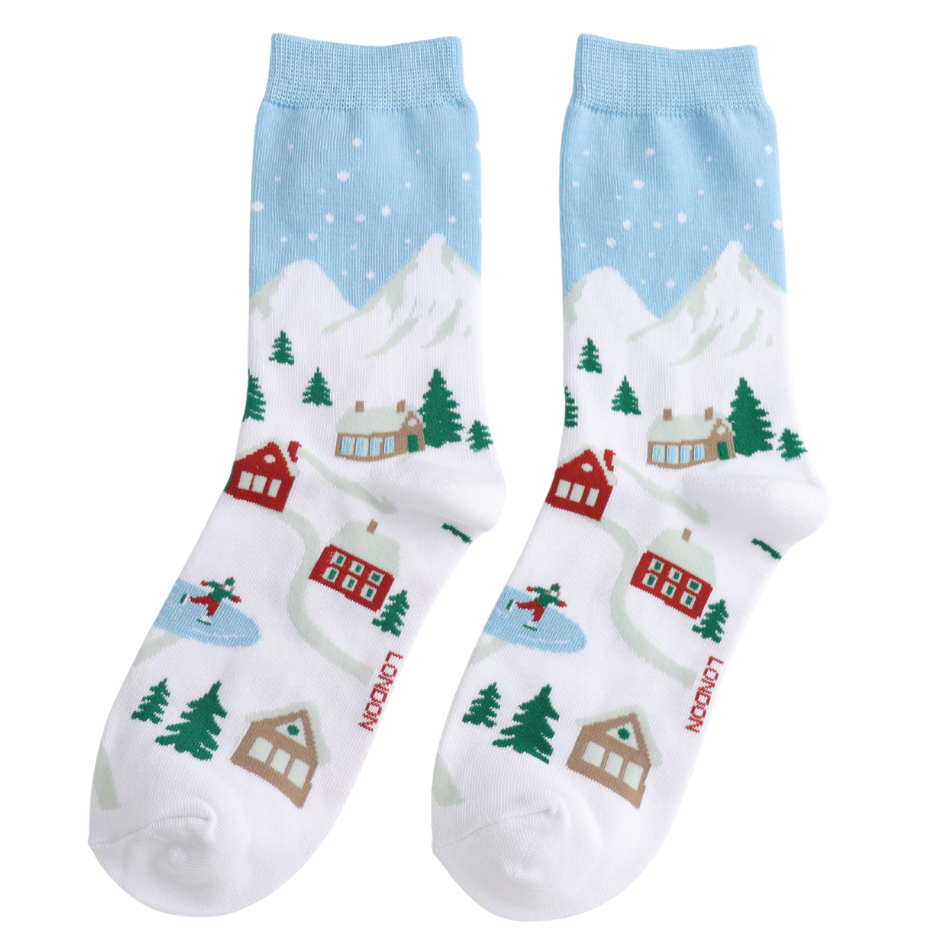 Christmas Village Bamboo Socks Blue