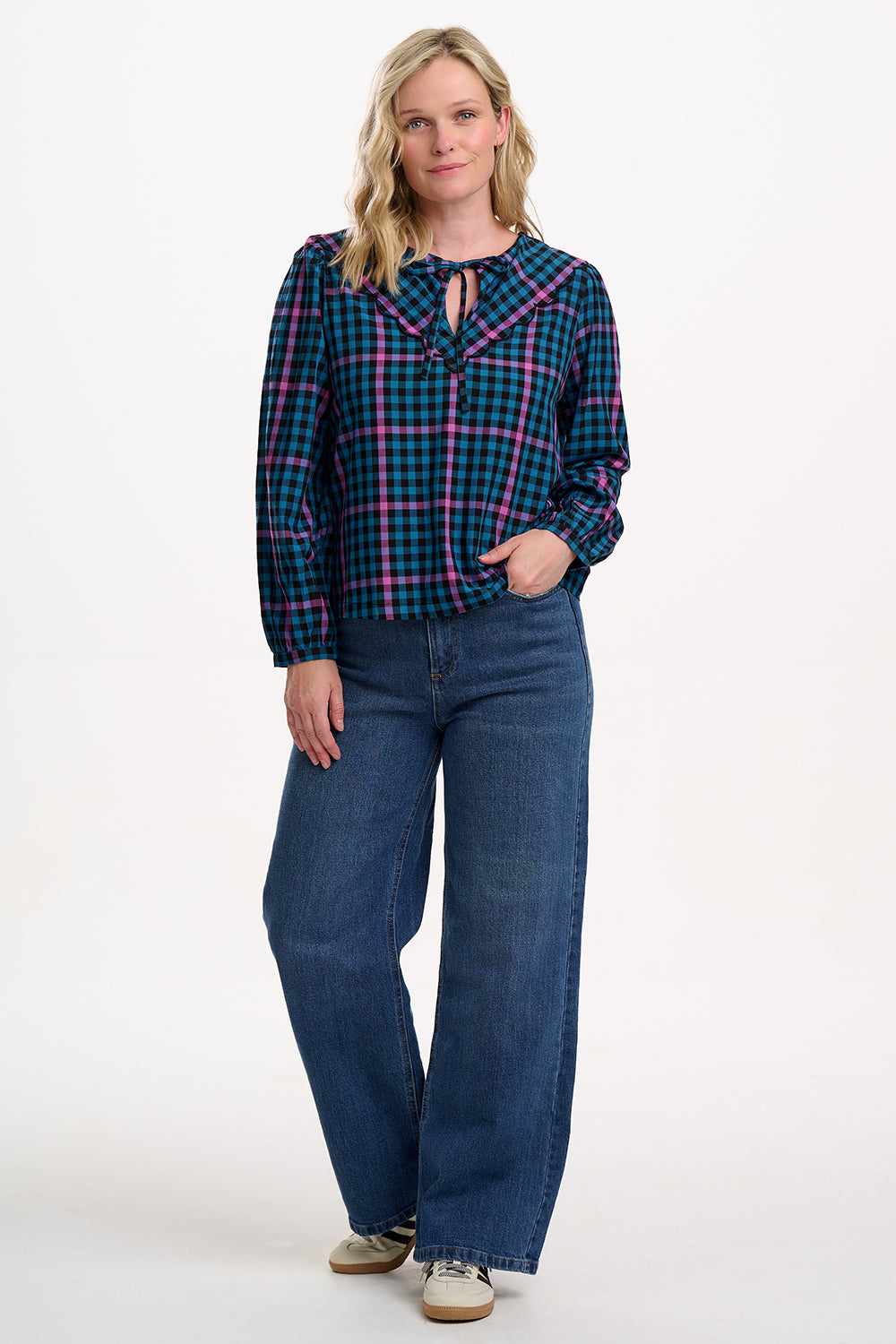 Nessie Scallop Collar Blouse - Black/Teal, Twilight Gingham
