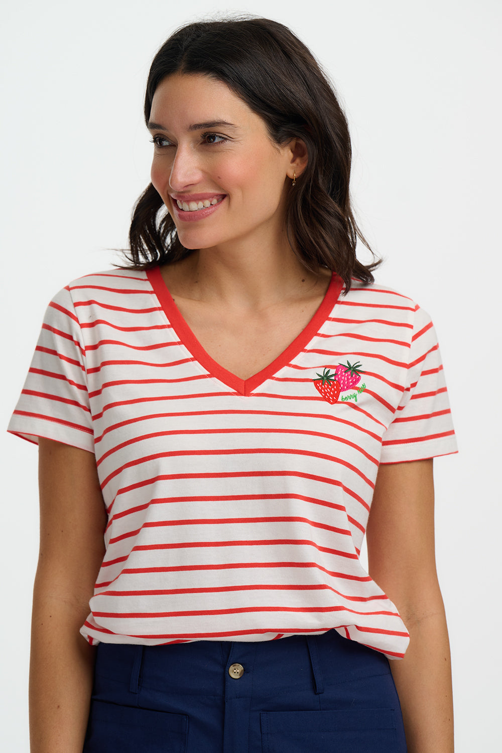Khloe V-Neck T-Shirt - Red/Off White Stripe, Strawberry