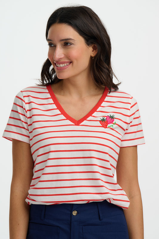 Khloe V-Neck T-Shirt - Red/Off White Stripe, Strawberry