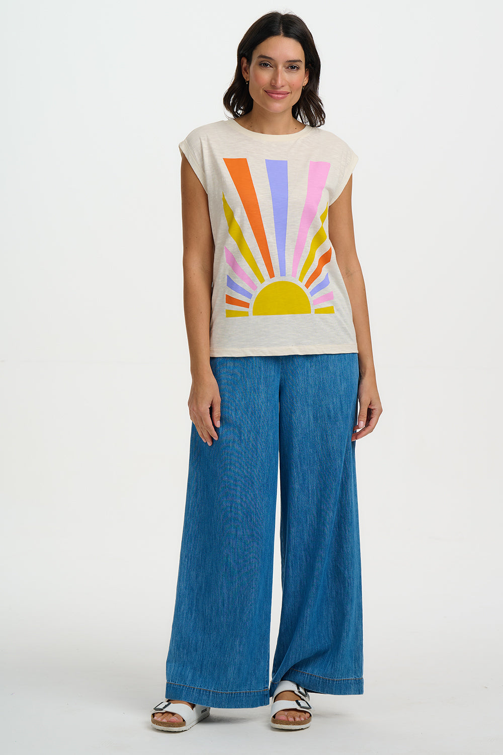 Chrissy Relaxed Tank T-Shirt - Off White, Rainbow Rays