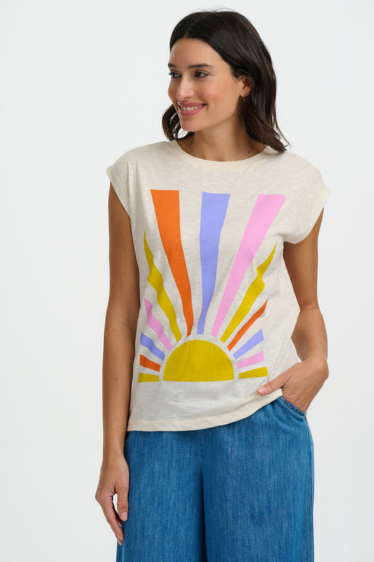 Chrissy Relaxed Tank T-Shirt - Off White, Rainbow Rays