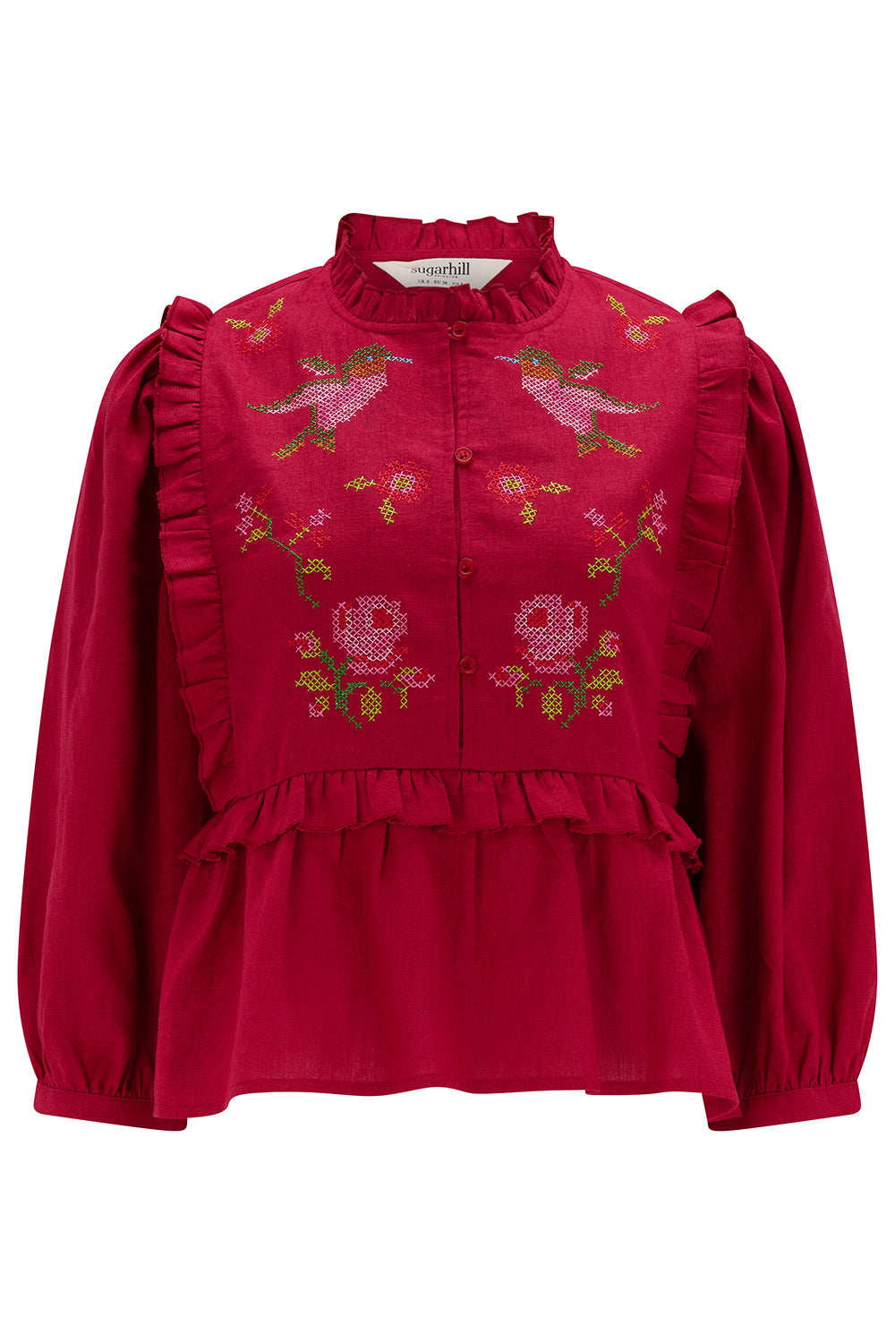 Wilhelmina Frill Blouse - Scarlet Red Hummingbird Roses