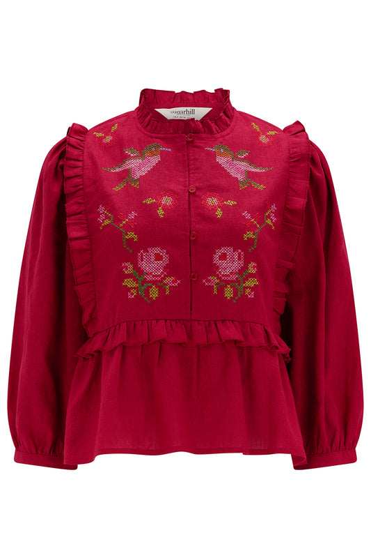 Wilhelmina Frill Blouse - Scarlet Red Hummingbird Roses