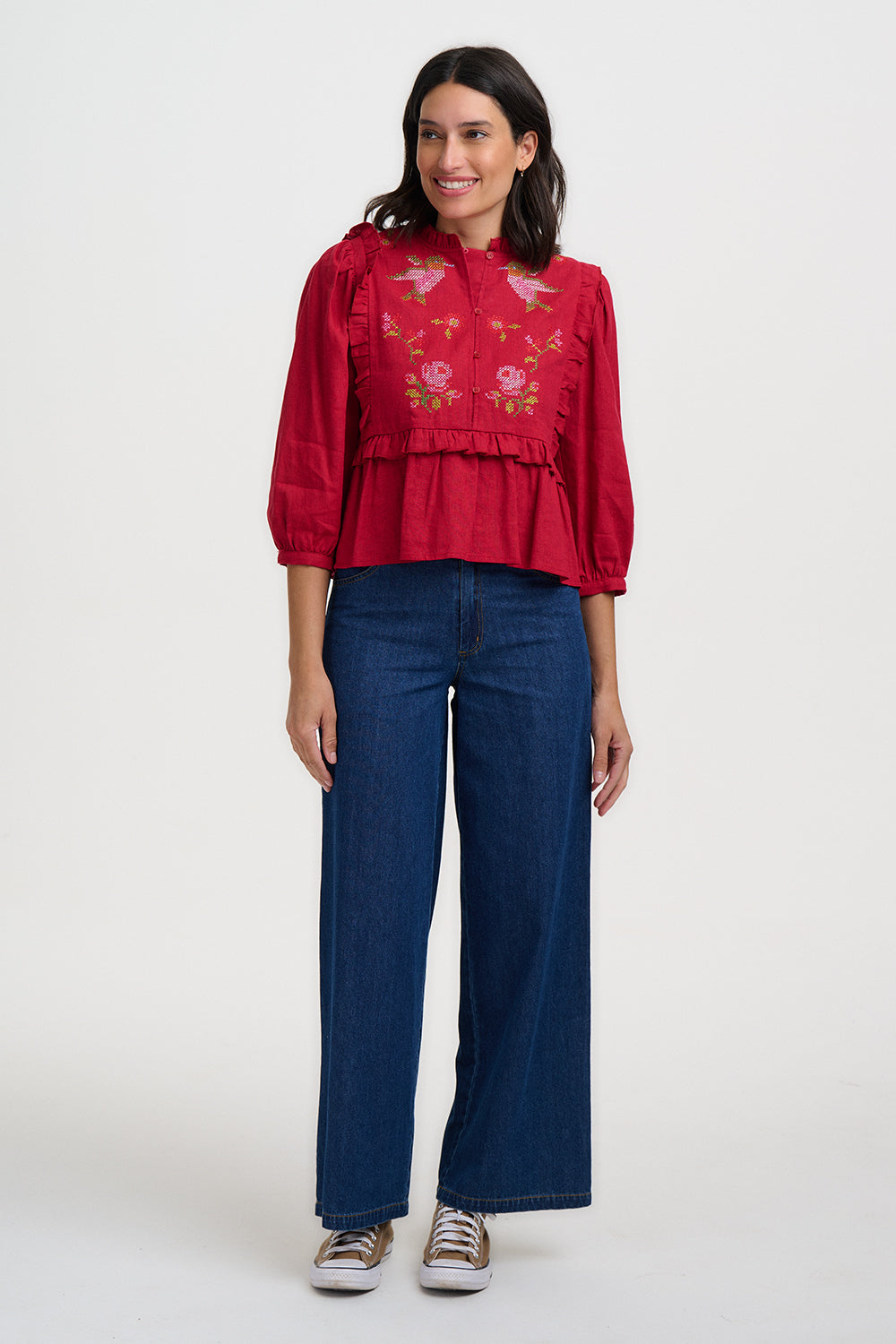 Wilhelmina Frill Blouse - Scarlet Red Hummingbird Roses