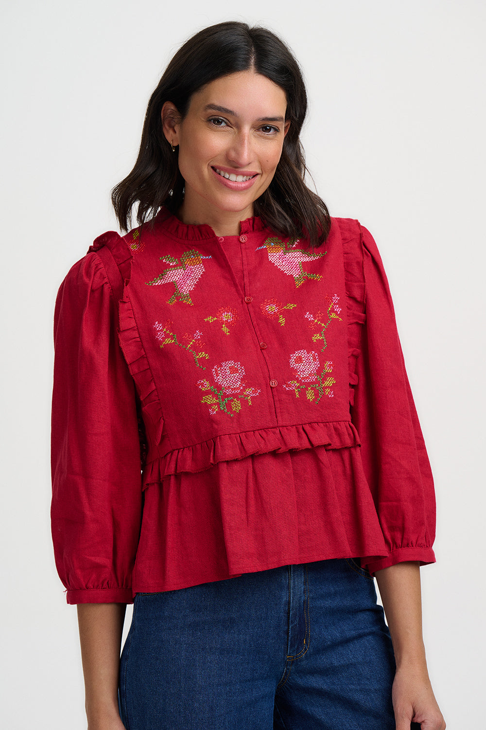Wilhelmina Frill Blouse - Scarlet Red Hummingbird Roses