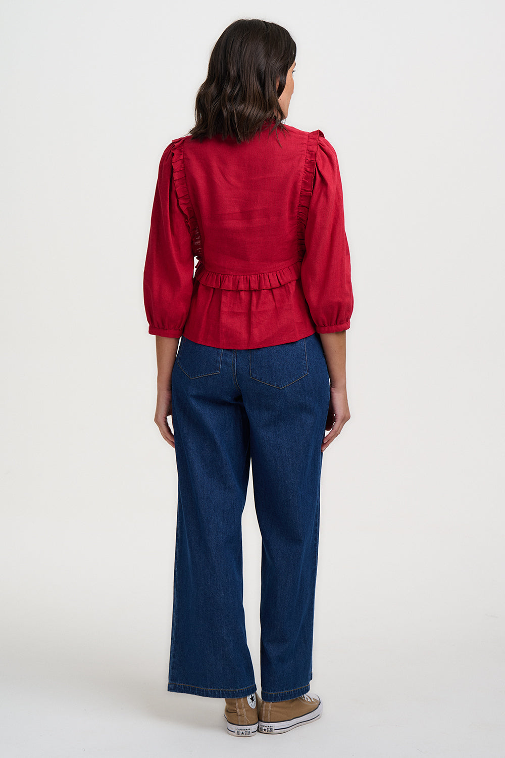 Wilhelmina Frill Blouse - Scarlet Red Hummingbird Roses