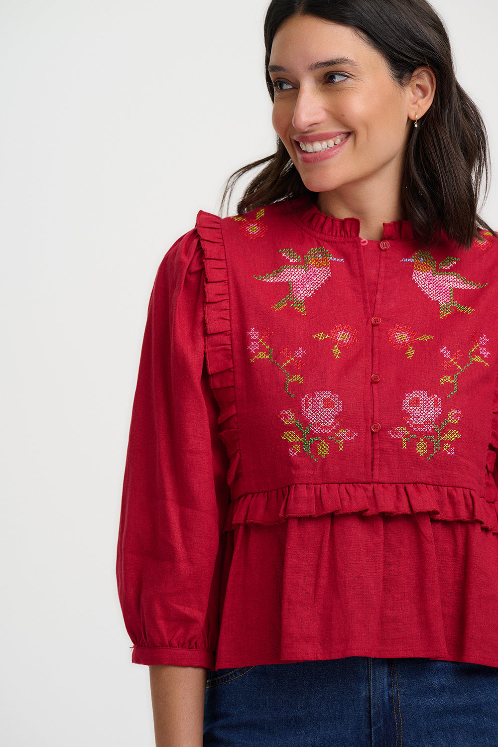 Wilhelmina Frill Blouse - Scarlet Red Hummingbird Roses