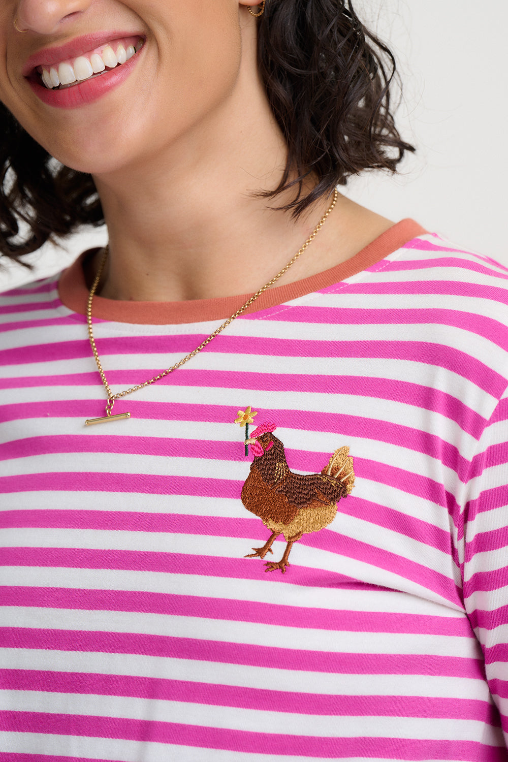 Brunswick Jersey Top - Cream Magenta Chicken Flower