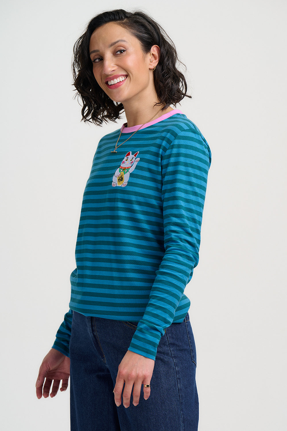 Brunswick Jersey Top - Blue Green Lucky Cat